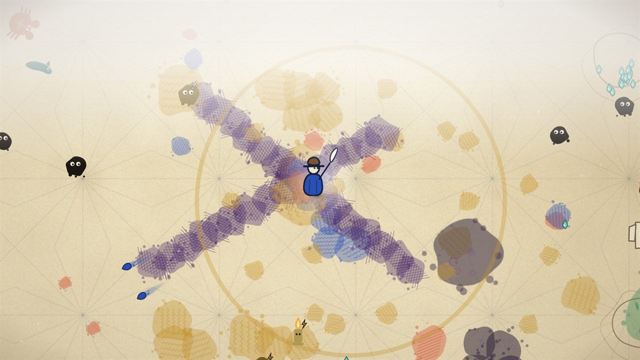 Wren on the Atlas Sea, standing where two long strokes of purple ink cross